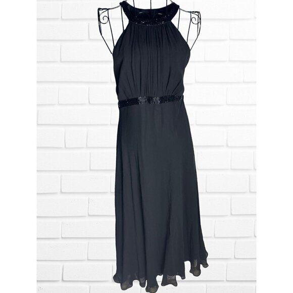 Jones New York Dress Women's Sz 8 Black Formal Midi Beaded 100% Silk Halter - Picture 1 of 8